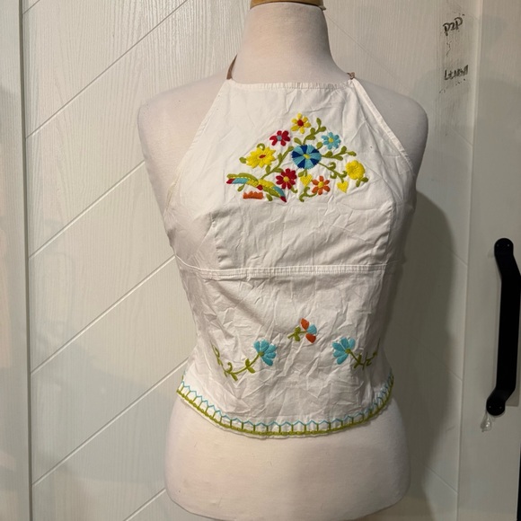 Tops - White Floral Embroidered Tie Up Halter Festival Top Size Small/ Coachella/ Boho